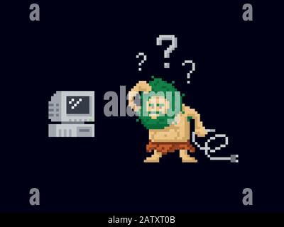 Pixel Art primitiver uralter Höhlenmensch verwirrt, ein Netzkabel zu halten und einen alten Vintage-Computer zu betrachten. Vektorgrafikzeichen. Spielanlage 8 Stock Vektor