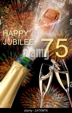 75-jähriges Jubiläum mit Champagner und Feuerwerk Stockfoto