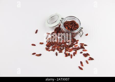 Glasbecher voller Goji-Beeren und mehr rote Beeren auf dem Tisch, isoliert auf weißem Hintergrund Stockfoto