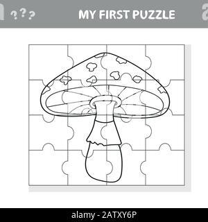 Bildungs-Papierspiel für Kinder, Amanita. Erstellen Sie das Bild. Mein erstes Puzzle- und Farbbuch Stock Vektor