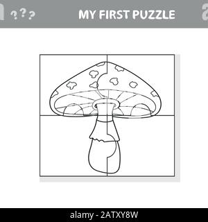Bildungs-Papierspiel für Kinder, Amanita. Erstellen Sie das Bild. Mein erstes Puzzle- und Farbbuch Stock Vektor