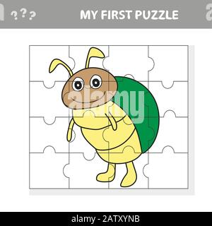Cartoon Illustration of Education Jigsaw Puzzle Game for Preschool Children with Funny Beetle Character - Mein erstes Puzzle Stock Vektor