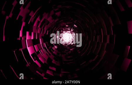 3D-Rendering von dunkelschwarzem, geometrischem Tunnel mit hellrosa Licht, das gegen die Schichten leuchtet Stockfoto