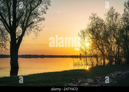 Schöner Sommerurlaub am See mit Baumsilhouetten Stockfoto