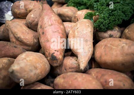 Süßkartoffeln in einer Holzkiste, die an einem Schalter am Borough Market zu verkaufen ist Stockfoto