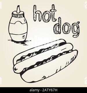 Handzeichnung mit heißem Hund. Fast-Food-Designelemente, Skizze von Hotdog, Sauce in einer Flasche und handgeschriebenes Etikett. Monochrome EPS8-Vektorgraphen Stock Vektor