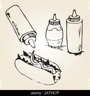 Handzeichnung mit heißem Hund. Fast-Food-Designelemente, Skizze von Hotdog mit Soßen in Flaschen. Monochrome EPS8-Vektorgrafiken. Stock Vektor