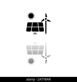 Solarpanel und Windmühlen für Energie. Schwarzes Symbol auf weißem Hintergrund. Einfache Abbildung. Symbol "Flacher Vektor". Spiegelreflexionsschatten. Kann verwendet werden i. Stock Vektor