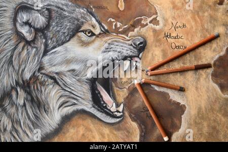 Prächtiges Tierkunstgemälde mit aggressivem Wolf Stockfoto