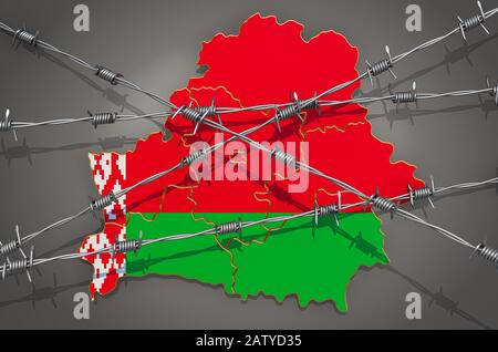 Karte von Weißrussland mit Stacheldraht, 3D-Rendering auf grauem Hintergrund Stockfoto