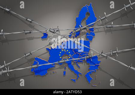 Karte der Europäischen Union mit Stacheldraht, 3D-Rendering auf grauem Hintergrund Stockfoto