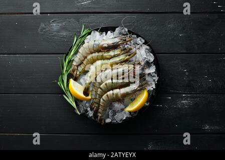 Schwarze Tigergarnelen mit Zitrone auf Eis. Meeresfrüchte. Draufsicht. Auf schwarzem Hintergrund. Freier Speicherplatz. Stockfoto