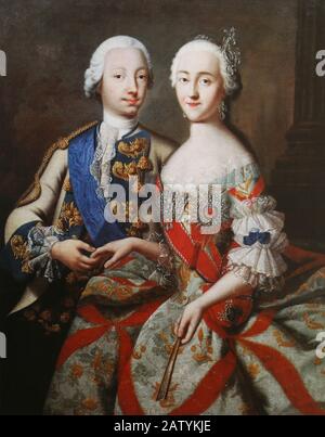 Großfürst Peter Fedorovich (Peter III.) und Herzogin Jekaterina Alekseevna (Katharina II.). Gemälde Georg Cristoph Grooth, 18. Jahrhundert. Stockfoto