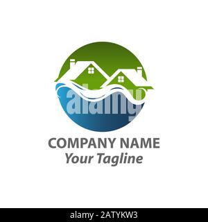 Logo einer Home Silhouette an einem sonnigen Strand mit Meereswellen. Dieses Logo eignet sich für viele Zwecke als Immobiliengruppe, Strandresort, Location Service Stock Vektor
