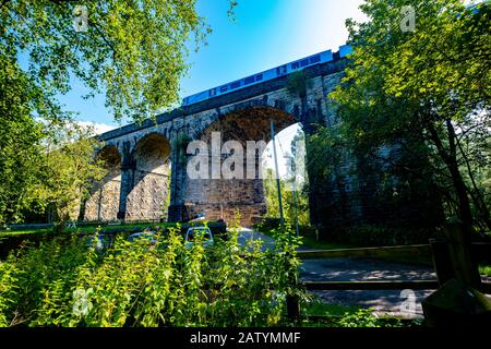 Zug über Viadukt in Saddleworth Nord-England Stockfoto