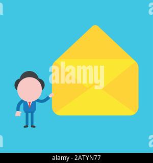 Vector Cartoon Illustration Konzept der gesichtslosen Maskottchen-Figur des Geschäftsmannes, die leeren geöffneten Umschlag auf blauem Hintergrund hält. Stock Vektor