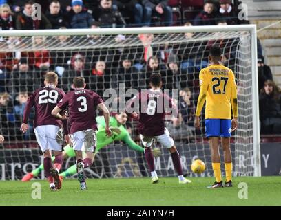 Tynecastle Park .Edinburgh.Scotland, Großbritannien. Februar 2020. Hearts gegen Kilmarnock .Ladbrokes Scottish Premiership Match. Hearts Sean Clare punktet mit Strafe im Vergleich zu Kilmarnock. Kredit: Eric mccowat/Alamy Live News Stockfoto