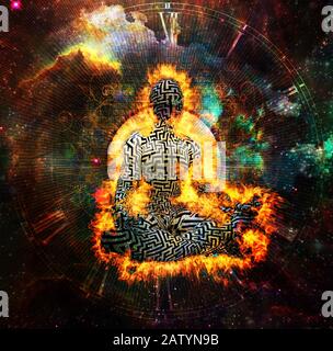 Brennender Mann mit Labyrinthmuster meditiert in lotus-pose. Gesicht der Uhr und lebendiger Hintergrund des Universums Stockfoto