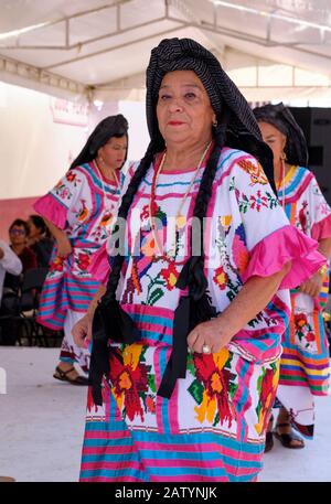 Porträt einer älteren mexikanischen Tänzerin, die ein Huipilkleid mit Blumen- und Vogelmotiv bei einer Veranstaltung in Oaxaca trägt Stockfoto