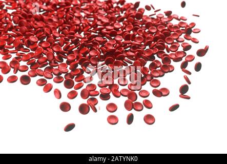Rote Blutkörperchen schütten auf weißem Hintergrund aus. 3D-Abbildung, konzeptionelles Bild. Stockfoto