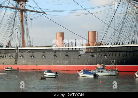 HMS Warrior, 1860 für die Royal Navy gebaut, Portsmouth Historic Docks, Portsmouth, Hampshire, England. Stockfoto