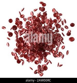 Rote Blutkörperchen schütten auf weißem Hintergrund aus. 3D-Abbildung, konzeptionelles Bild. Beschneidungspfad enthalten. Stockfoto