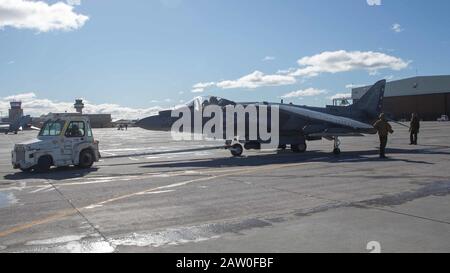 Marines mit Marine Attack Squadron 231 schleppen einen AV-8B Harrier II während des Kaltwettertrainings auf der Naval Air Station Fallon, Nevada, 3. Februar 2020 in einen Hangar. NAS Fallon bietet der VMA-231 die Möglichkeit, nicht nur ihre stationäre Bereitschaft zu verbessern, sondern auch eine einzigartige Möglichkeit, die Integration in andere Marineflieger zu trainieren. VMA-231 ist Teil der Marine Aircraft Group 14, 2nd Marine Aircraft Wing. (USA Foto des Marine Corps von Lance Cpl. Steven Walls) Stockfoto