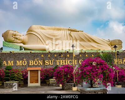 Riesiger Buddha in der Vinh Trang Pagode in der Nähe von My Tho, Vietnam Stockfoto