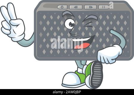 Niedliches Cartoon-Maskottchen-Bild des kabellosen Lautsprechers mit zwei Fingern Stock Vektor