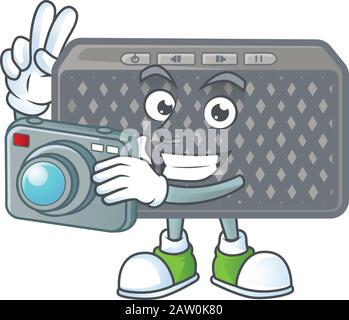 Ein kabelloser Sprecher Fotograf Cartoon-Charakter in Aktion mit einer Kamera Stock Vektor