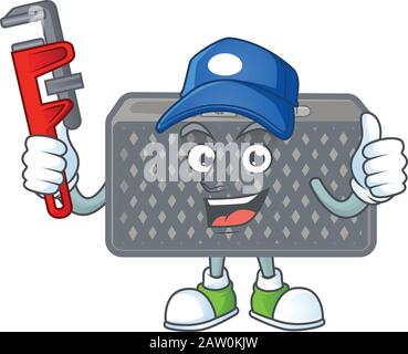 Smiley Installateur kabelloser Lautsprecher im Maskottchen-Bildstil Stock Vektor