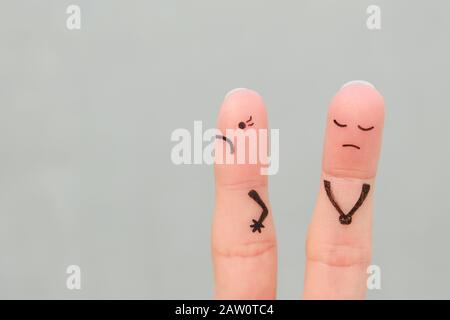 Finger Kunst der unzufrieden Paar. Frau beleidigt wurde, Mann schuldig war. Stockfoto