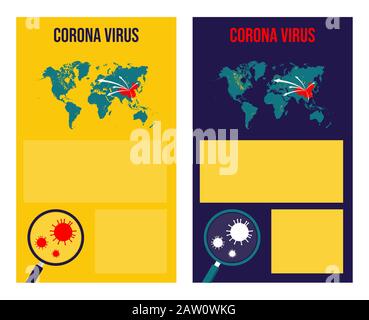 Corona-Virus mit vertikalem Vorlagendesign für Weltkarten. Verbreitung von Corona-Virus, Virus- und Lop-Symbol, isolierte Kartenwelt, Info-Grafik-Vorlage. Social Me Stockfoto