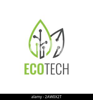 Umweltfreundliches Logo im Vektordesign. Nature Technology Logo mit Vektorgrafiken aus Blatt- und Schaltkreisen Stock Vektor