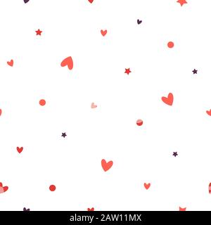 Abstrakt Polka Punkt nahtlose Muster Hintergrund. Bunte positive endlose Textur mit Herzen, Sternen, Blasen isoliert auf Weiß. Stoffdruck für Stock Vektor