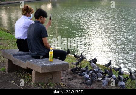 Ein junger Mann und eine junge Frau sitzen auf einer Steinbank neben dem See und füttern eine Gruppe von Tauben im Lumphini Park, im Zentrum von Bangkok, Thailand, Asien Stockfoto