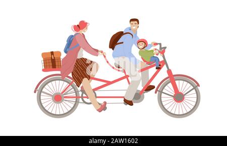 Vektor-Cartoon-Illustration des fröhlichen Familienfahrens mit einem Co-Pilot-Fahrradtrailer, Fahrrad mit zwei Erwachsenen und einem Kind vor dem Kinderradsitz Baby Stock Vektor