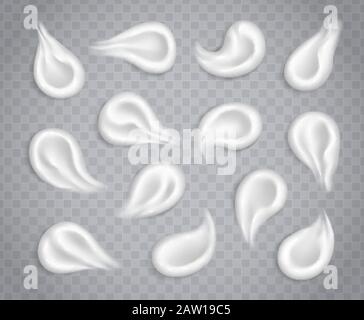 Weiß Creme verschmiert Sammlung auf transparentem Hintergrund isoliert. Feuchtigkeitsspendende Lotion, Sonnenschutz Anschläge. Stock Vektor