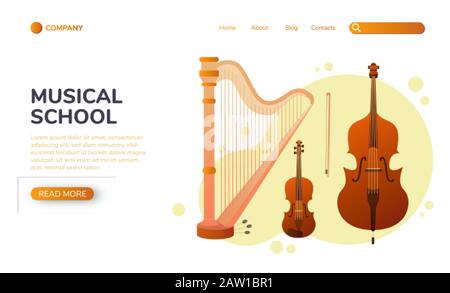 Musikalische Landing Page. Musikinstrumente mit Stringbauch. Designlayout für Banner-Präsentationen, Website-Vorlage. Vektorgrafiken Stock Vektor