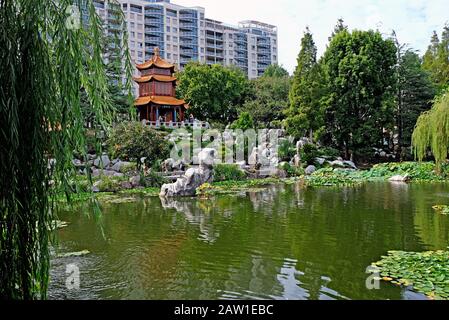 Schöner chinesischer Garten und Teich rund um eine Pagode, die im Hintergrund von der Stadt Sydney kontrastiert wird. Chinesischer Garten der Freundschaft, Sydney, Australien. Stockfoto