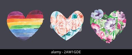Satz von niedlichen Aquarell Herzen Clip Art mit verschiedenen Mustern bemalt. Ideal für Stockfoto