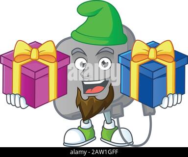 Ein charmanter Cartoon-Maskottchen der Powerbank mit zwei Kisten mit Geschenken Stock Vektor