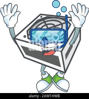 Ein Maskottensymbol des Netzteils in weißer Farbe, das eine Tauchbrille trägt Stock Vektor