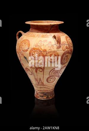 Minoisch dekorierter Pithos Rührbecher mit Blumenmuster, Zafer Papoura 1400-1250 v. Chr.; Archäologisches Museum Heraklion, schwarzer Hintergrund Stockfoto