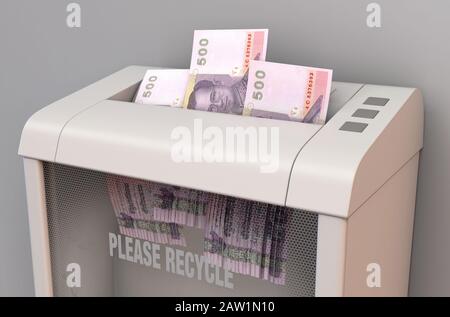 Ein regelmäßiger Aktenvernichter im Büro, der drei thailändische Bhat-Banknoten auf einem isolierten Hintergrund zerfetzt - 3D-Rendering Stockfoto