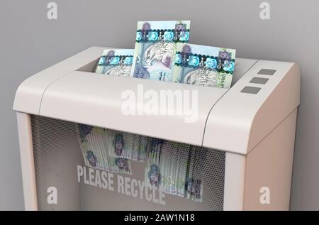 Ein regelmäßiger Aktenvernichter im Büro, der drei schalen der dubai Dirham Bank auf einem isolierten Hintergrund zerfetzt - 3D-Rendering Stockfoto