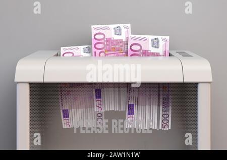 Ein regelmäßiger Aktenvernichter im Büro, der drei Euro-Banknoten auf isoliertem Hintergrund zerfetzt - 3D-Rendering Stockfoto