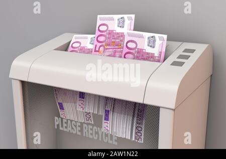 Ein regelmäßiger Aktenvernichter im Büro, der drei Euro-Banknoten auf isoliertem Hintergrund zerfetzt - 3D-Rendering Stockfoto