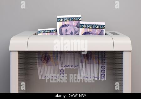 Ein regelmäßiger Aktenvernichter im Büro, der drei norwegische Kronen Banknotizen auf einem isolierten Hintergrund zerfetzt - 3D-Rendering Stockfoto