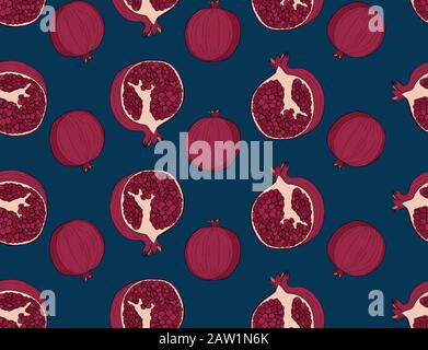 Vektor nahtloses Muster mit Granatapfel auf blauem Hintergrund. Stock Vektor